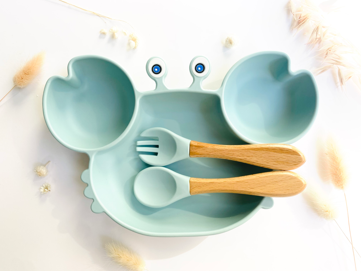 Crab-shaped meal set+cutlery for children: Sky Blue