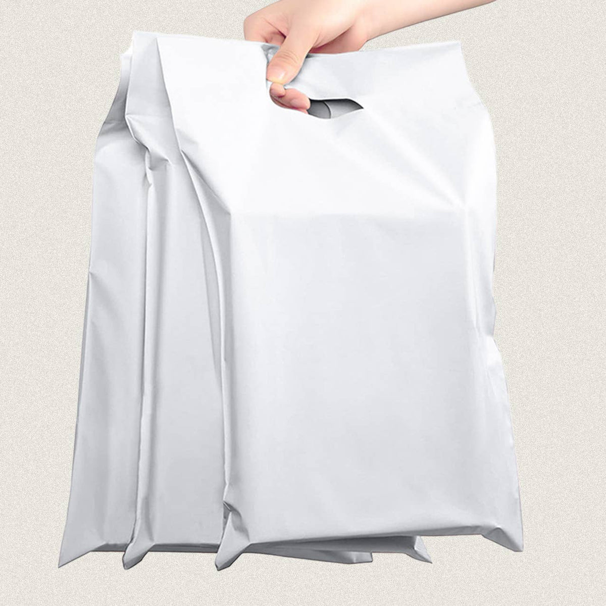 100pcs, white gray self-sealing poly mailer bag w/ handle: Medium