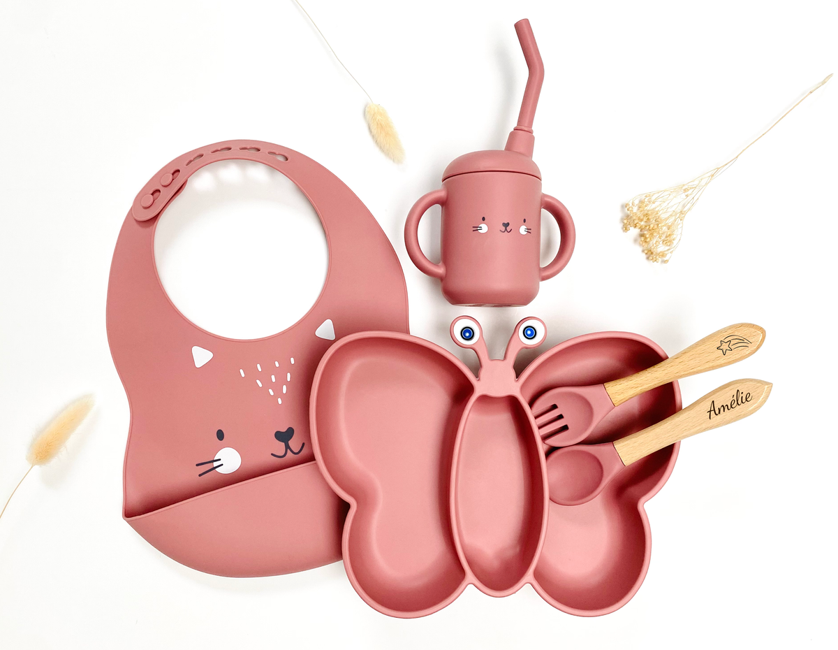 Butterfly meal pack with cutlery, straw glass and bib: Pink