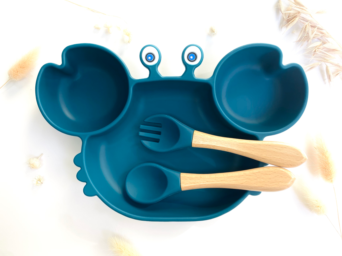 Crab-shaped meal set+cutlery for children: Sky Blue