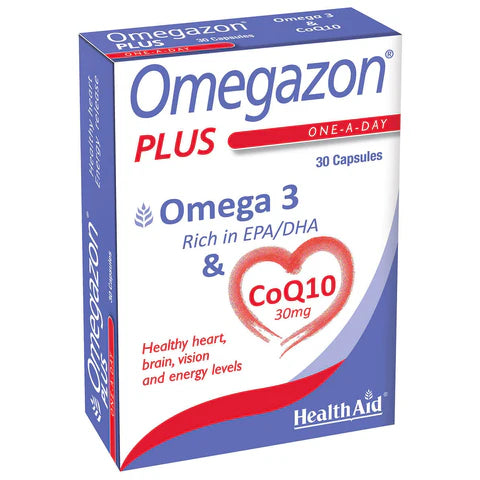HealthAid Omegazon Plus CoQ10 Capsules - Cardiovascular, brain health, and energy support.