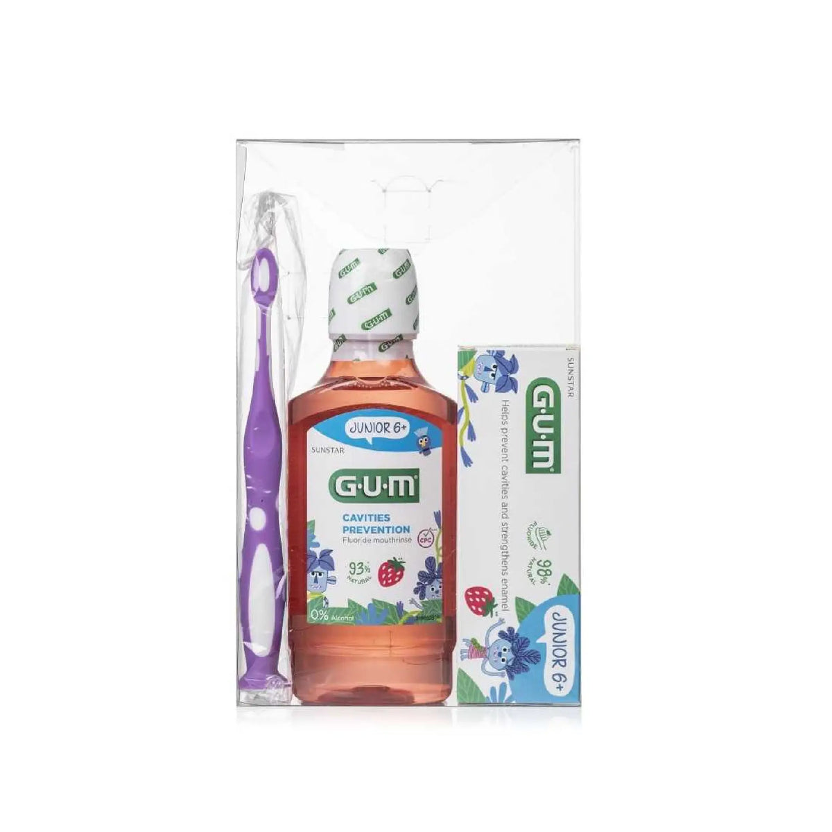 GUM Junior Offer Set with toothbrush, toothpaste, and mouthwash for kids' oral hygiene.