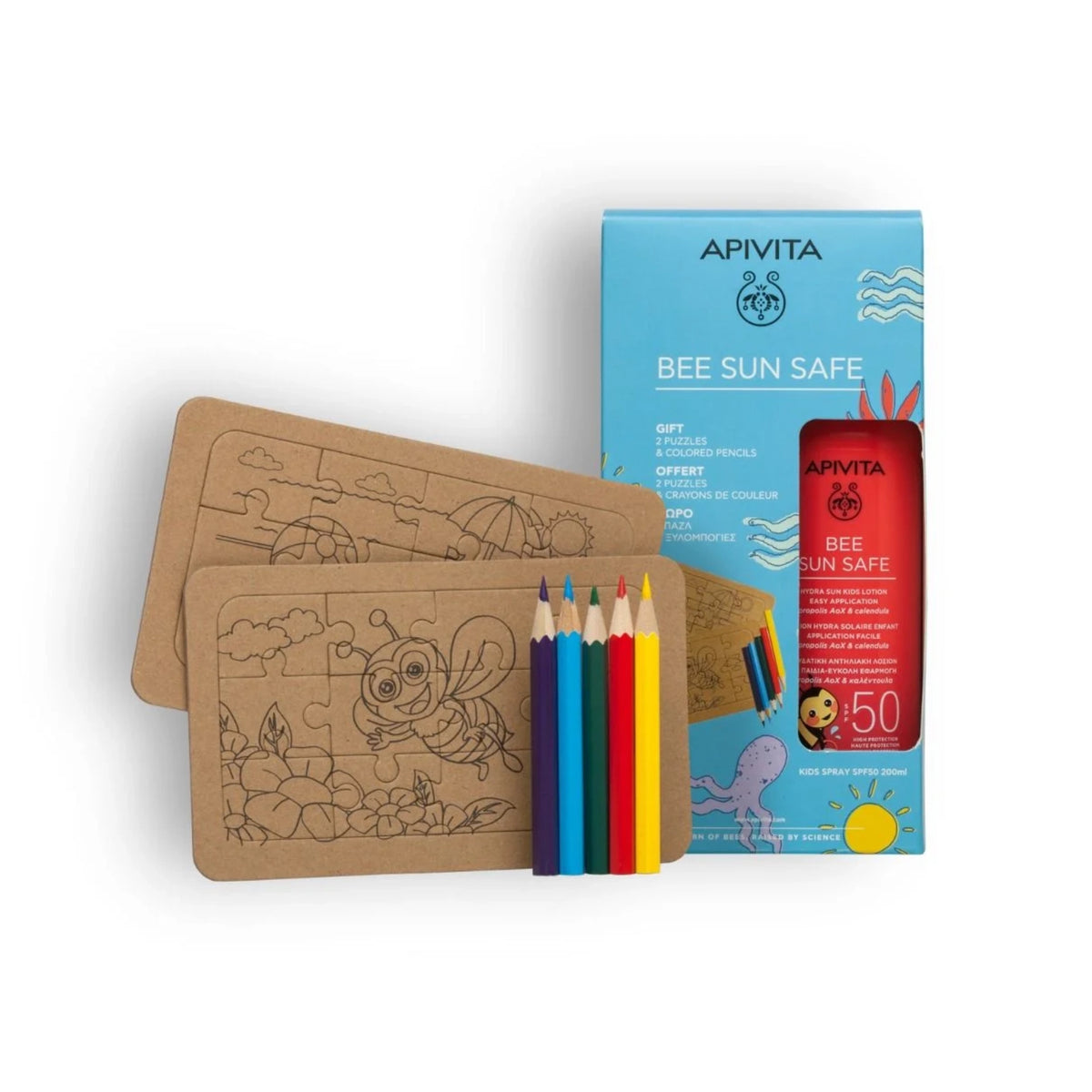 Apivita Bee Sun Safe Kids SPF50 Gift Set – sunscreen with puzzles and pencils.