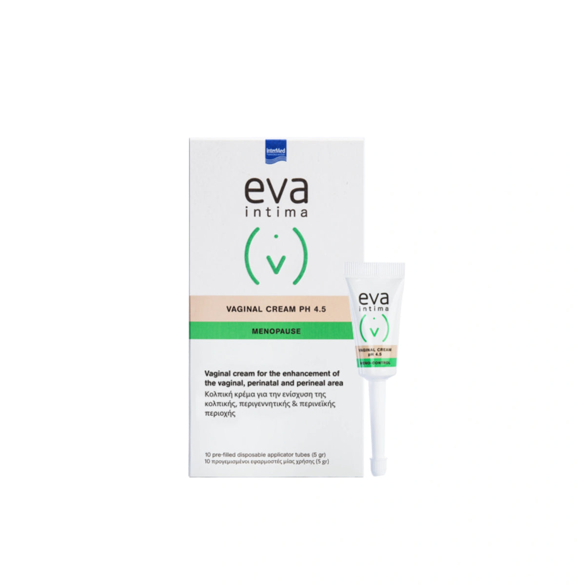 Eva Intima Meno-Control Vaginal supports tissue elasticity and hydration.