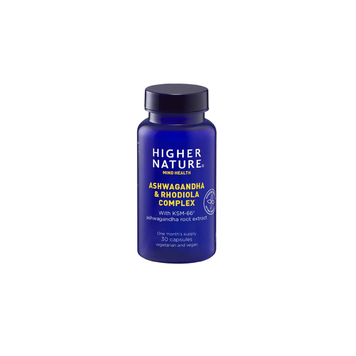 Higher Nature Ashwagandha & Rhodiola Complex – adaptogenic supplement for stress support, energy, and mental balance.