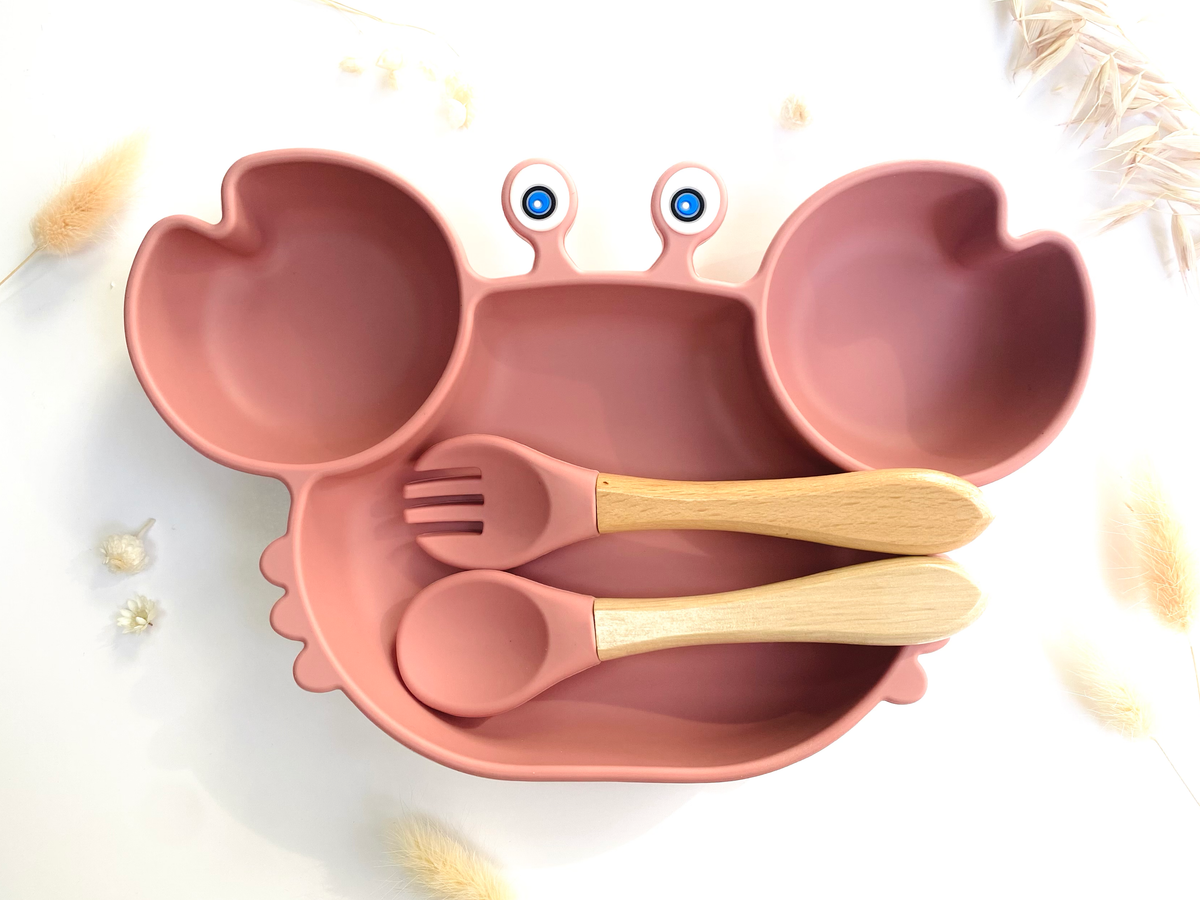Crab-shaped meal set+cutlery for children: Pink
