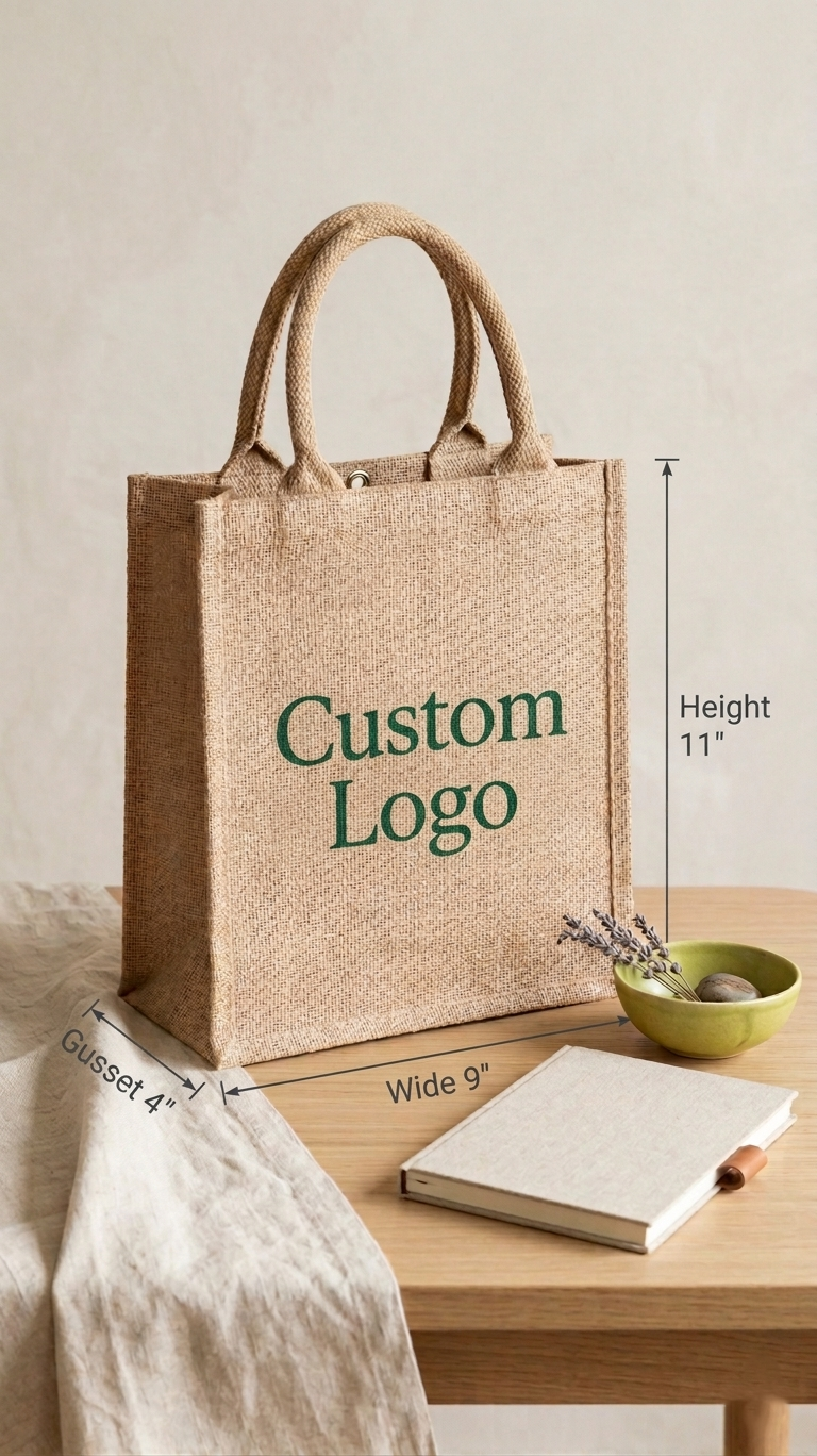 Customizable Quality Burlap Tote Bag - H 11" x W 9" x D 4"