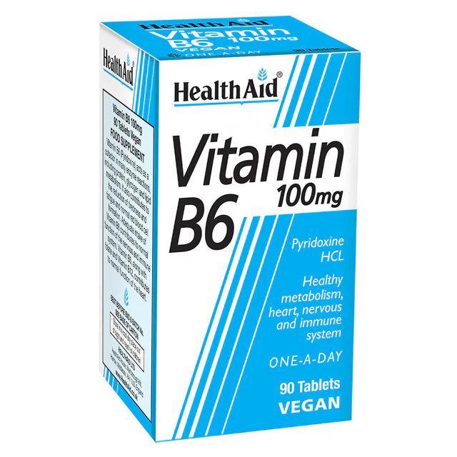 HealthAid Vitamin B6 (Pyridoxine HCl) 100mg Tablets - Hormonal and nervous system support.