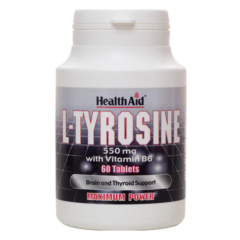 HealthAid L-Tyrosine 550mg + Vitamin B6 Tablets - Mental alertness and metabolism support.