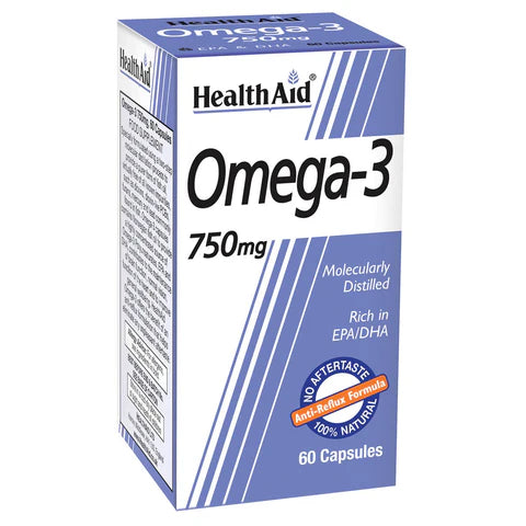 HealthAid Omega 3 750mg 60 Capsules - Cardiovascular and brain health support.