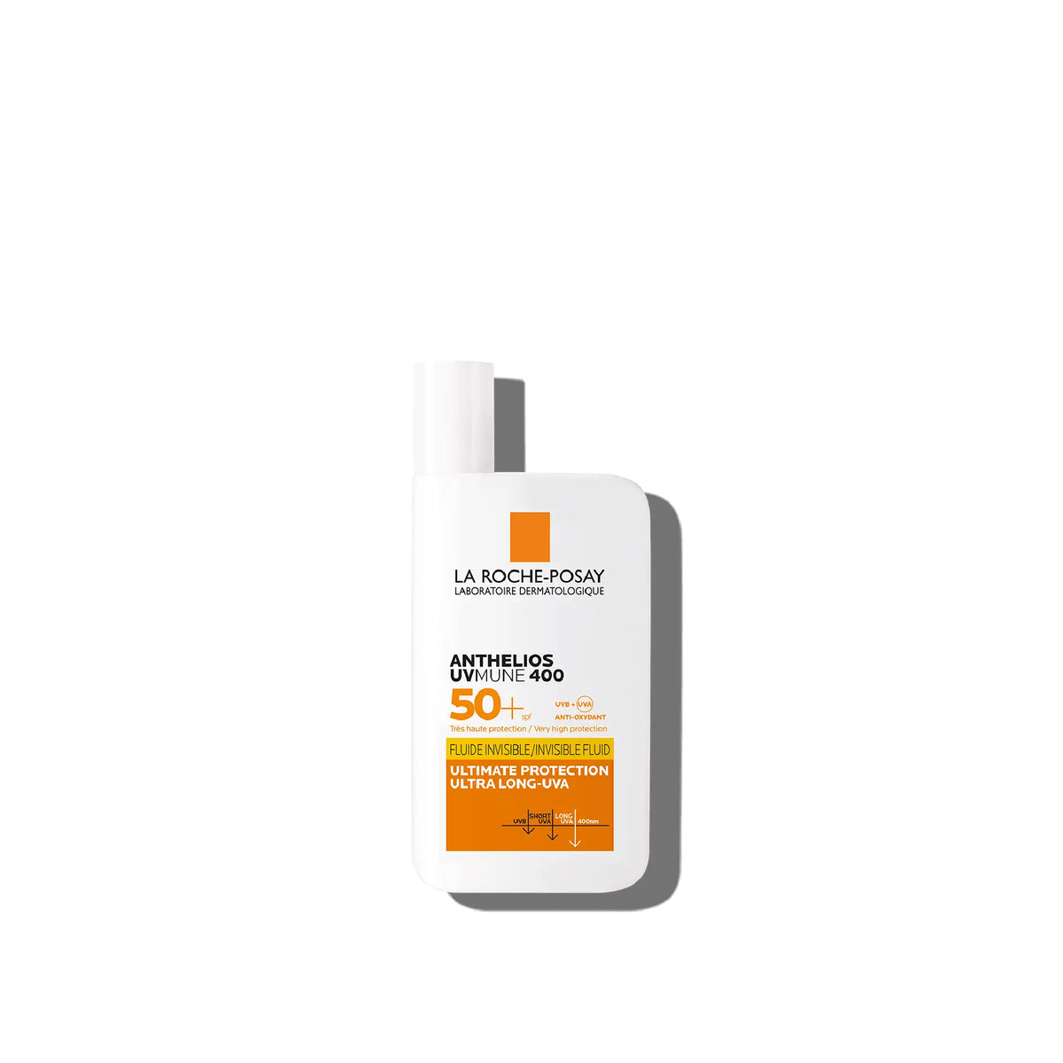 La Roche-Posay Anthelios UVMune 400 Invisible Fluid SPF 50+ for face sun protection.