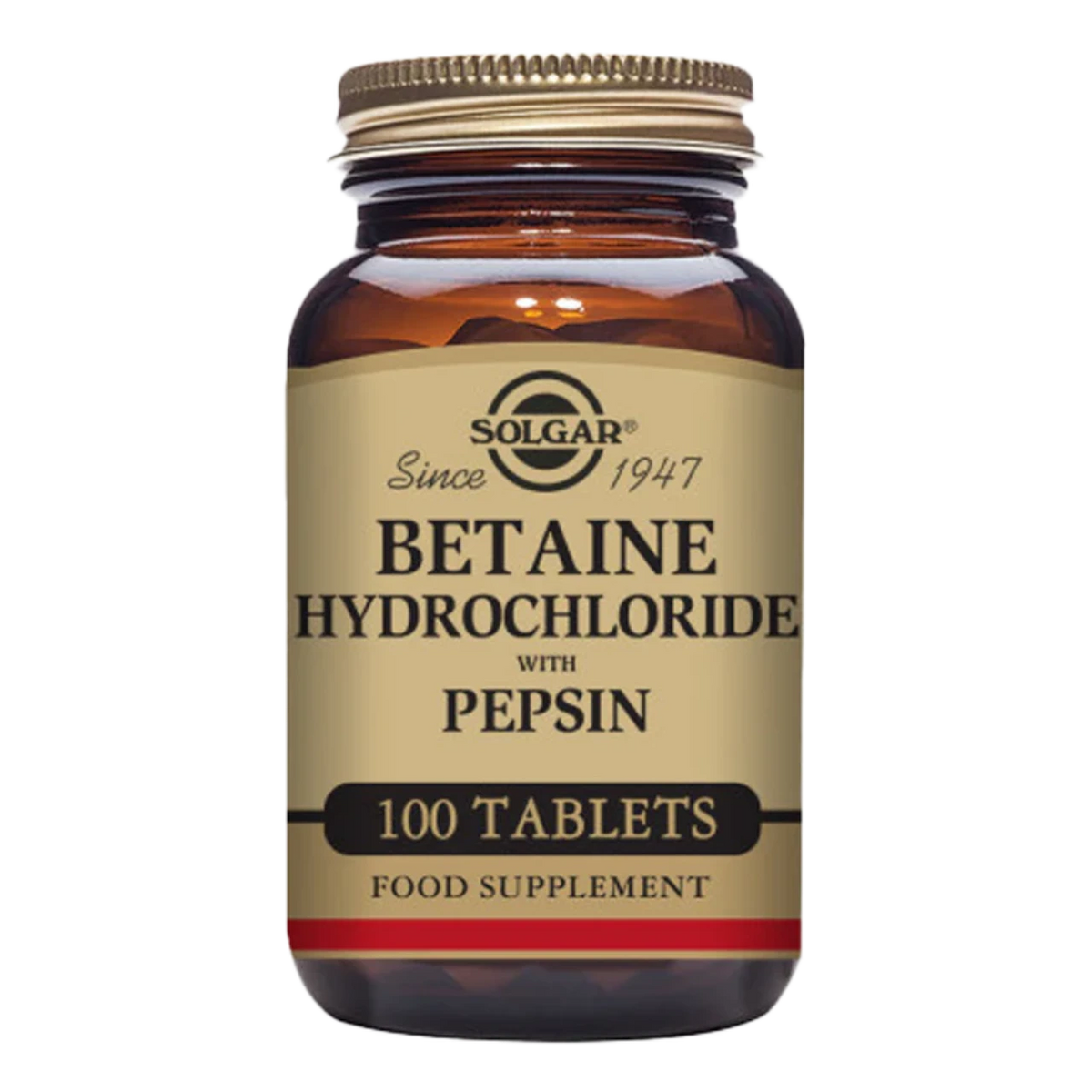 Bottle of Betaine Hydrochloride for digestive health.