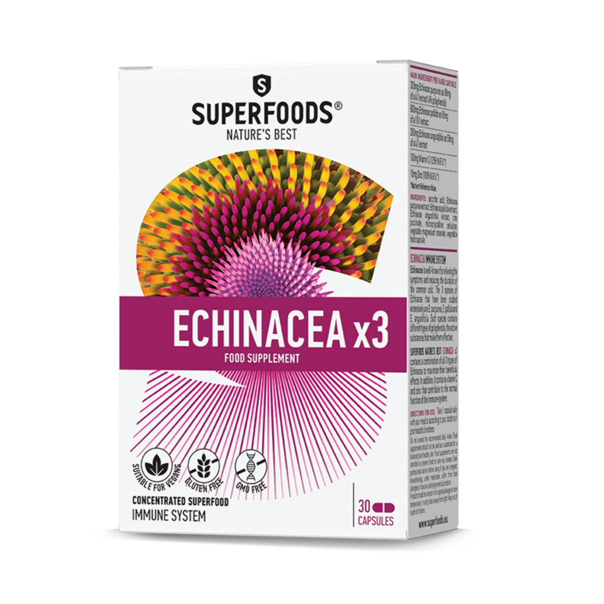 Superfoods Echinacea X3 with E. Purpurea, E. Pallida, E. Angustifolia, Vitamin C, and Zinc for immune support