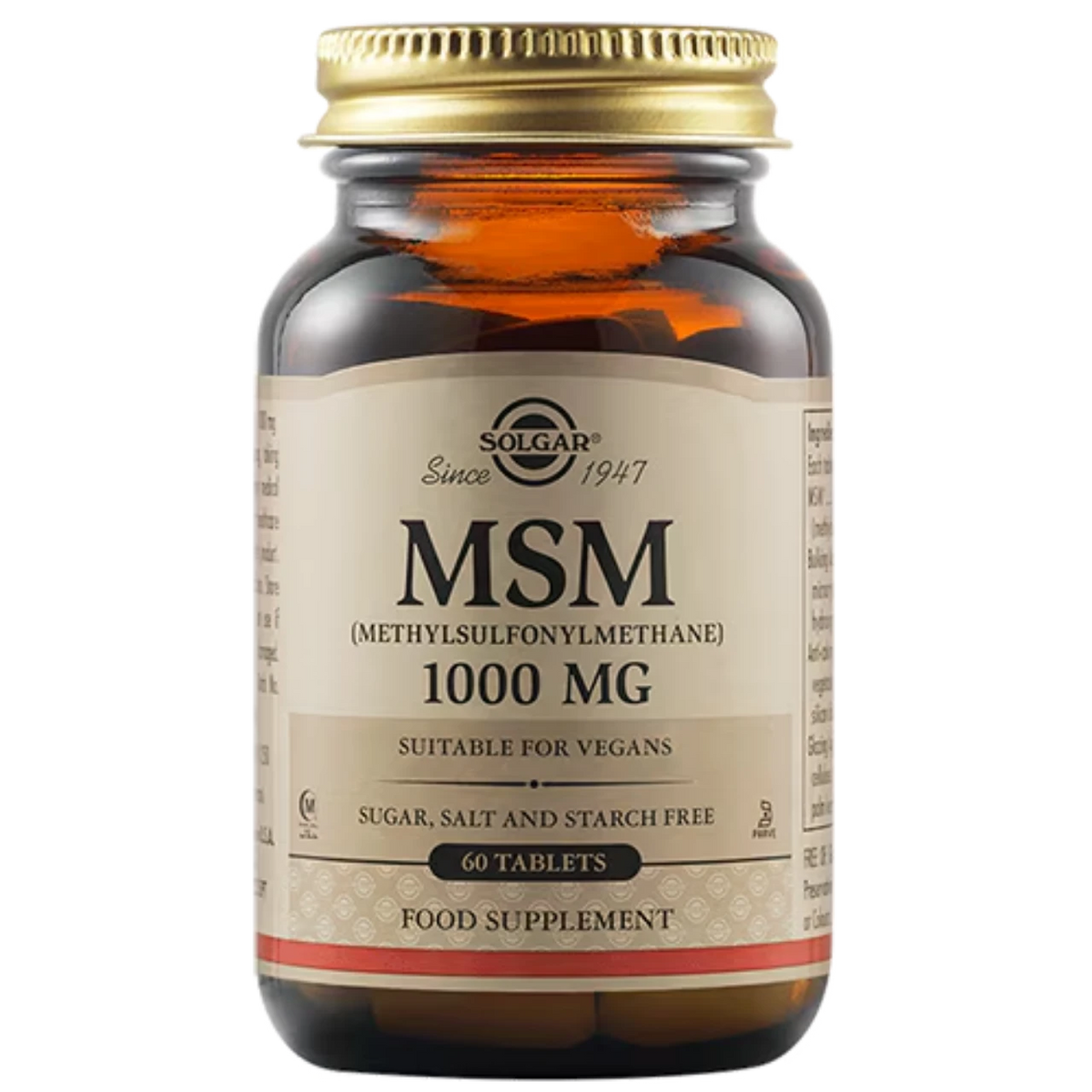 Solgar MSM 1000 mg Tablets support joint, cartilage, and skin health. Non-GMO, gluten-free, and suitable for vegetarians.