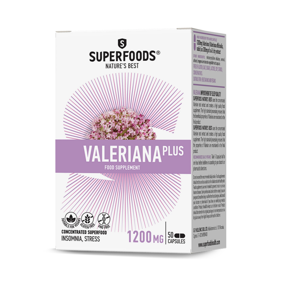 Superfoods Valeriana Plus supplement bottle with Valerian root extract.