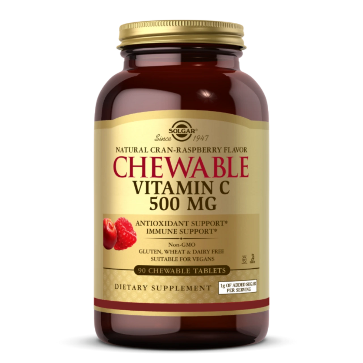 Solgar Vitamin C 500 mg Chewable Tablets - Cran-Raspberry flavor, boosts immune health.
