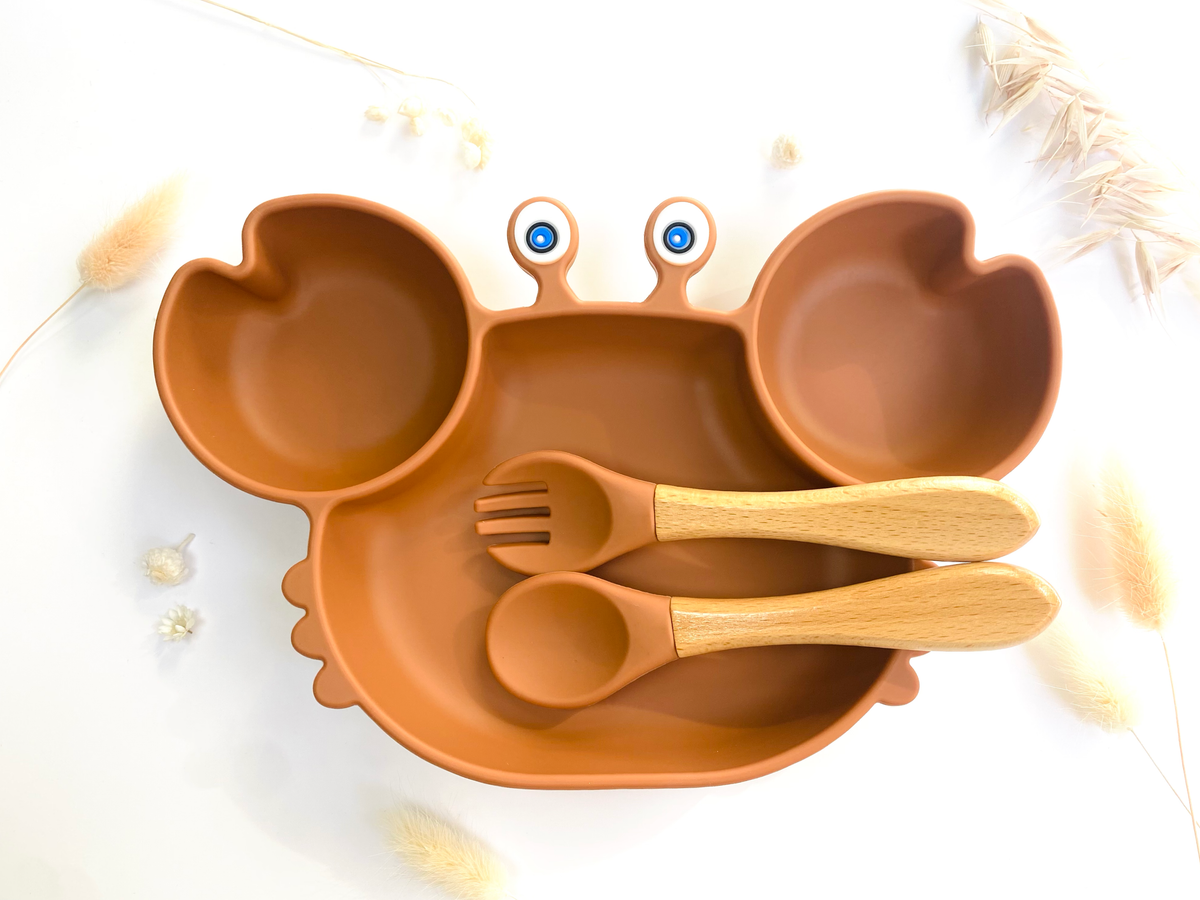 Crab-shaped meal set+cutlery for children: Pink