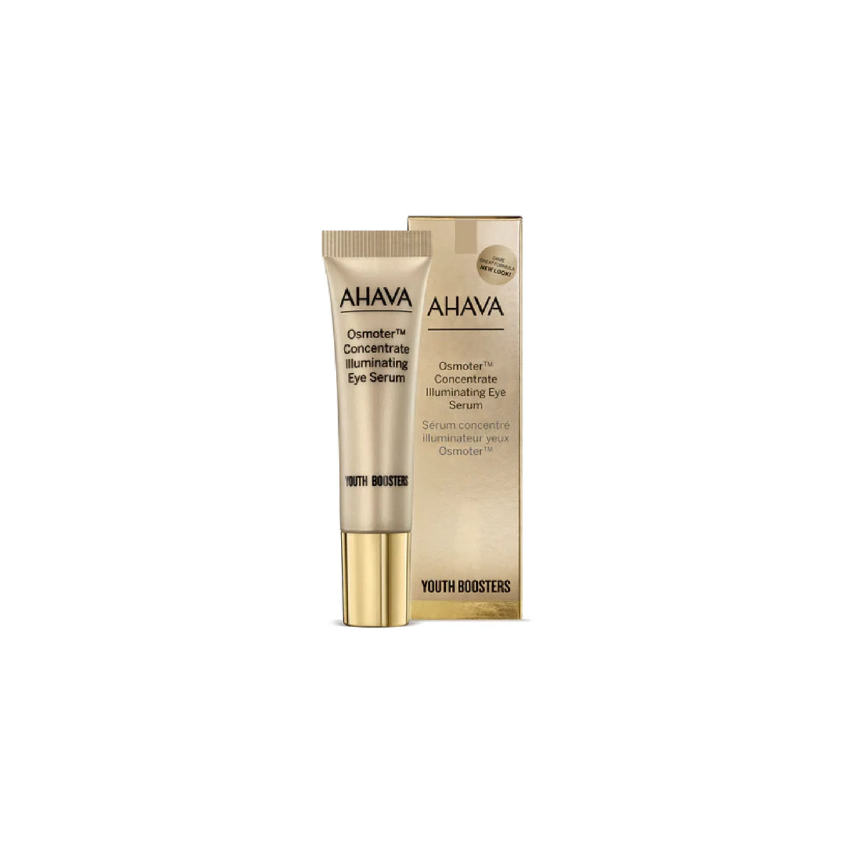 Ahava Dead Sea Osmoter Eye Concentrate with rollerball applicator, surrounded by fresh natural elements.