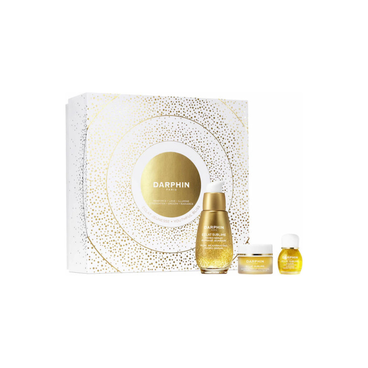 Darphin Promo Éclat Sublime 8-Flower Golden Nectar, Dual Rejuvenating Micro-Serum & Aromatic Cleansing Balm – skincare set for radiance, nourishment, and rejuvenation.