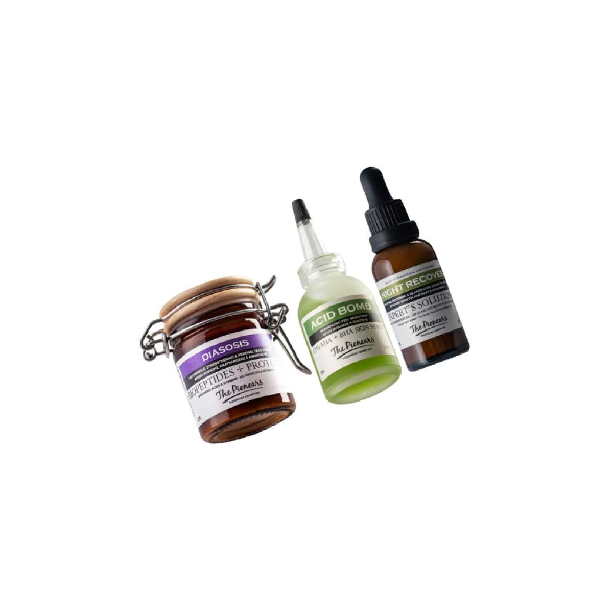 The Pionears Restart + Recover skincare set – Acid Bomb, Night Recover Serum, and Diasosis Cream for nighttime hydration, smoothing, and renewal.