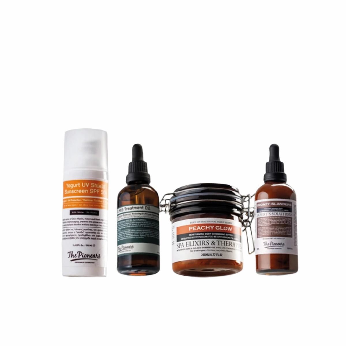 The Pionears Glow & Go Shiny summer glow box – includes bronzing drops, shimmer body butter, treatment oil, and SPF50+ sunscreen for radiant skin and hair.